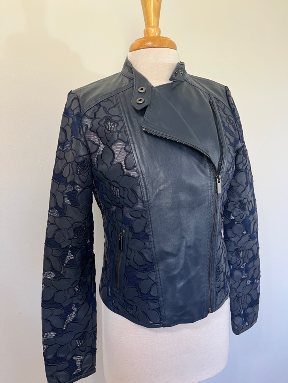 RARE Bagatelle Leather & Lace Biker Moto Jacket Dark Blue Floral Size Small EUC